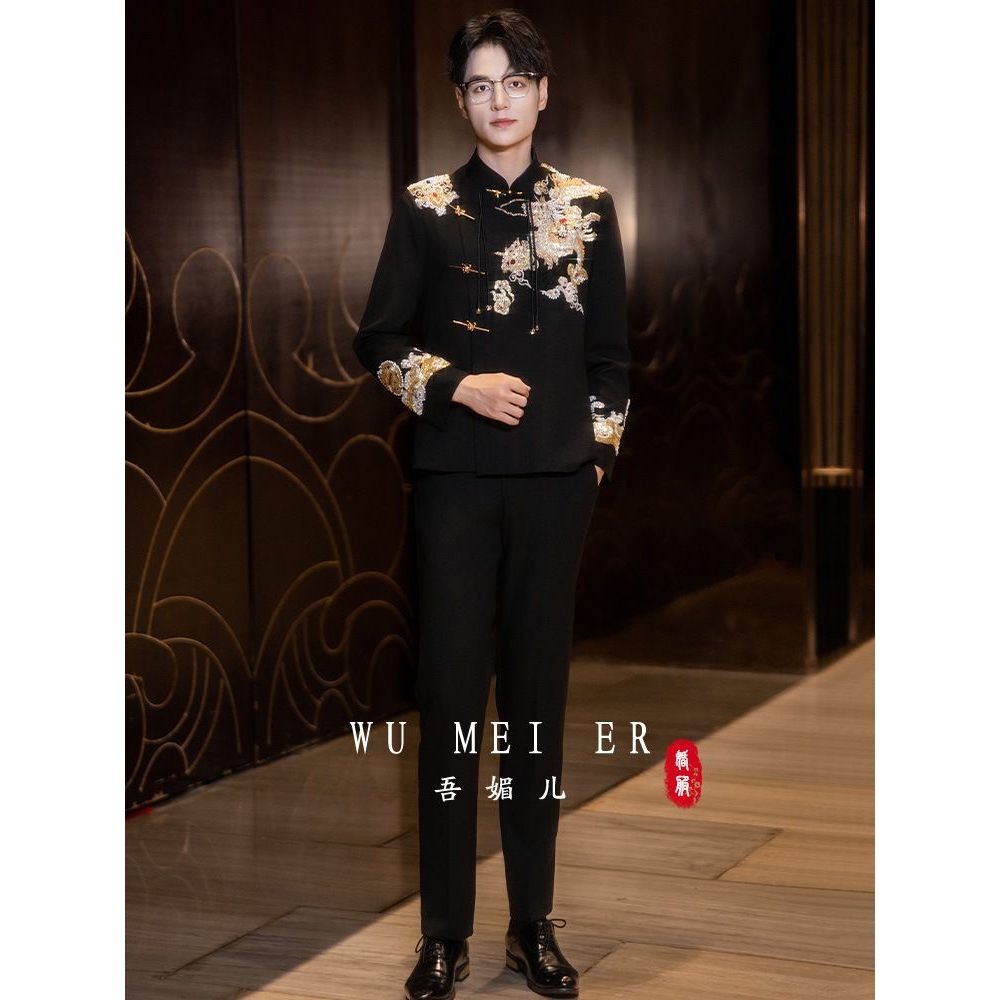 新中式中山装男士结婚套装新郎黑色西服礼服接亲高级感刺绣男装厂