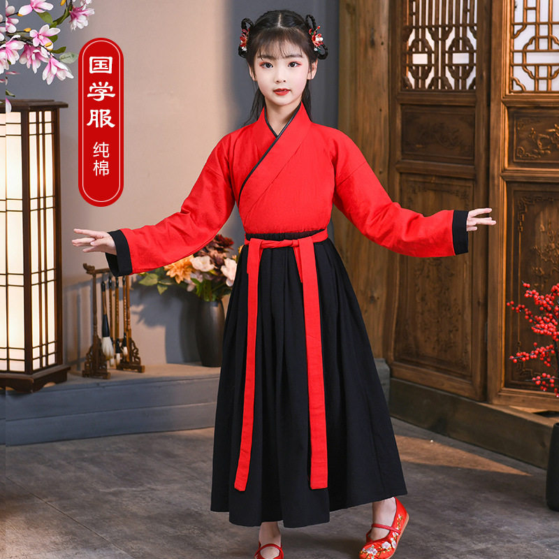 儿童纯棉麻古装女国学汉服中国风书童弟子规服装古诗朗诵演出服夏
