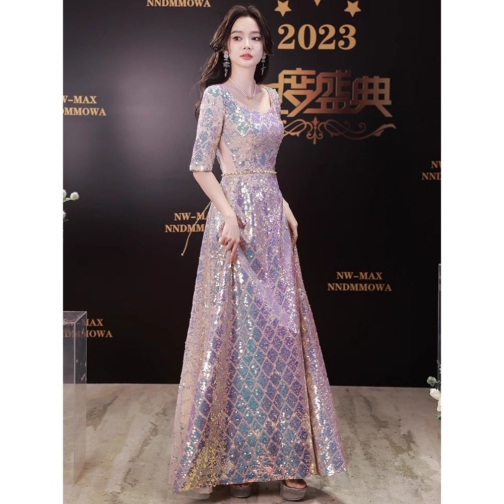 高端大气宴会晚礼服2025新款高级感年会主持气质法式亮片礼服裙女