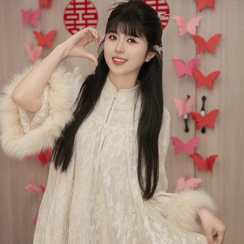 蕾丝晨袍新娘女秋冬新款千金日常可穿新中式温柔长袖连衣裙礼服