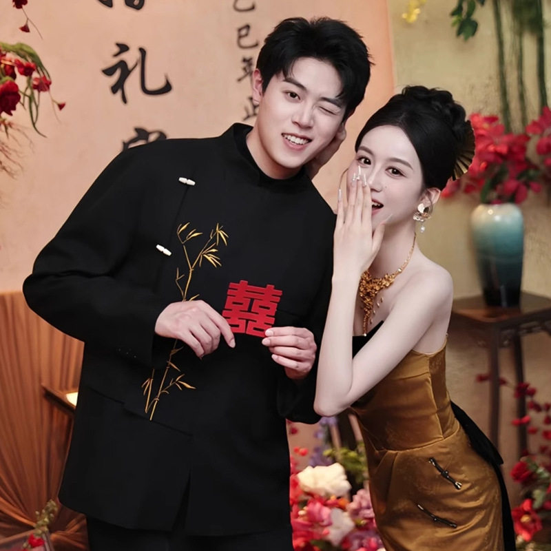 中山装男士婚礼结婚刺绣新郎高级感立领西装男装订婚礼服西服中式