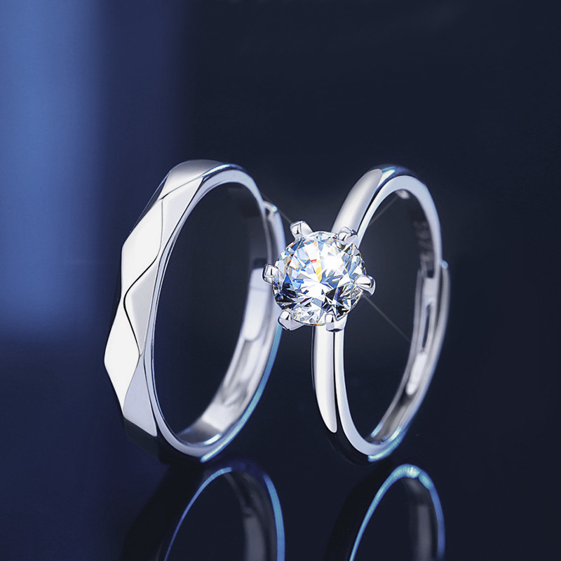 御创国际喜庆用品情侣对戒S925纯银莫桑石戒指简约六爪指环素圈结