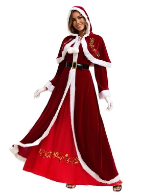 亚马逊外贸圣诞节角色扮演服圣诞老人女款红色连衣裙连帽披肩长袍
