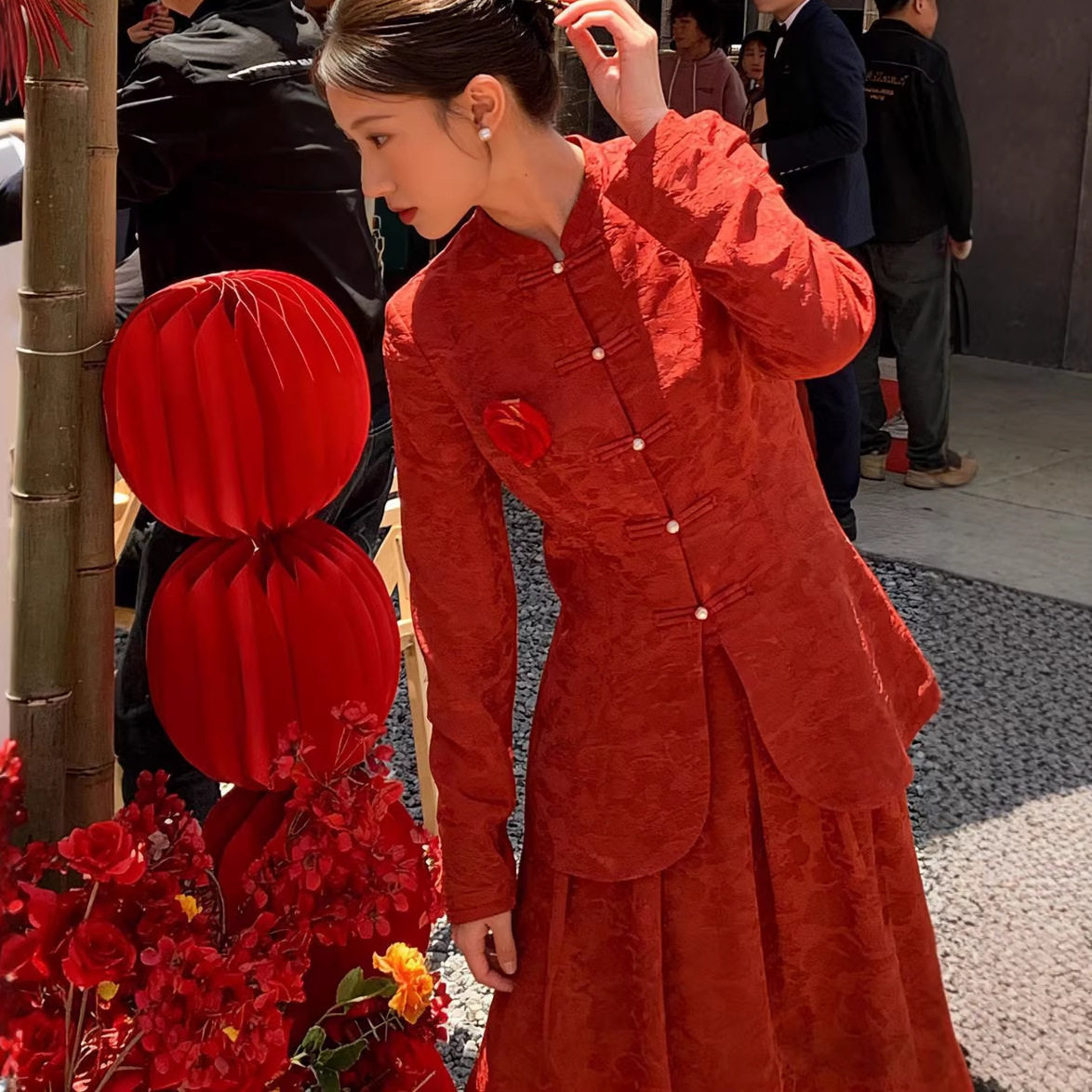 红色旗袍敬酒服新款长裙新中式国风结婚礼服订婚连衣裙长袖秋冬款