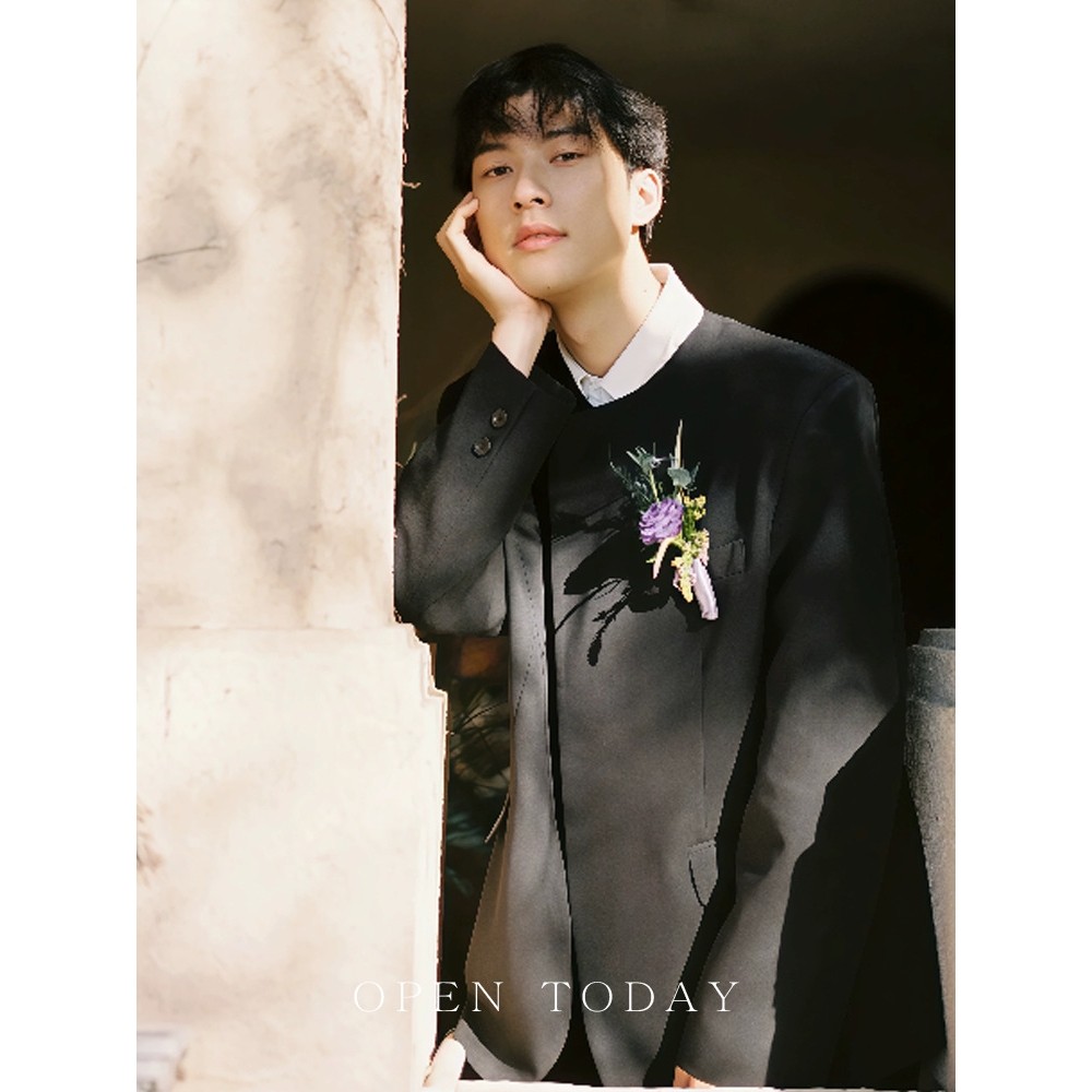 痞帅高级感西服套装男士新中式订婚小众圆领休闲西装韩版日常可穿