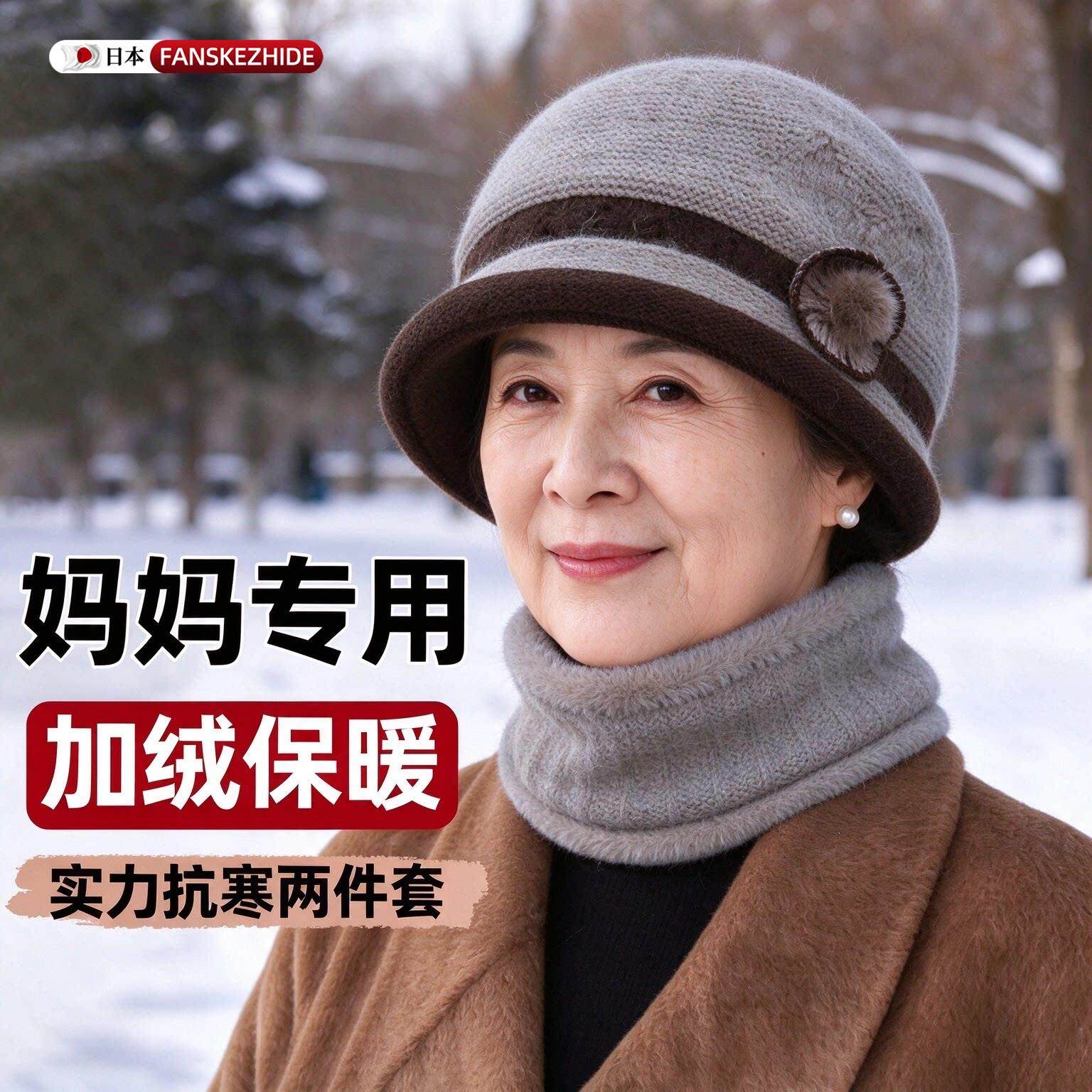 中老年人帽子女秋冬季妈妈毛线帽围脖两件套防风护颈加绒保暖盆帽