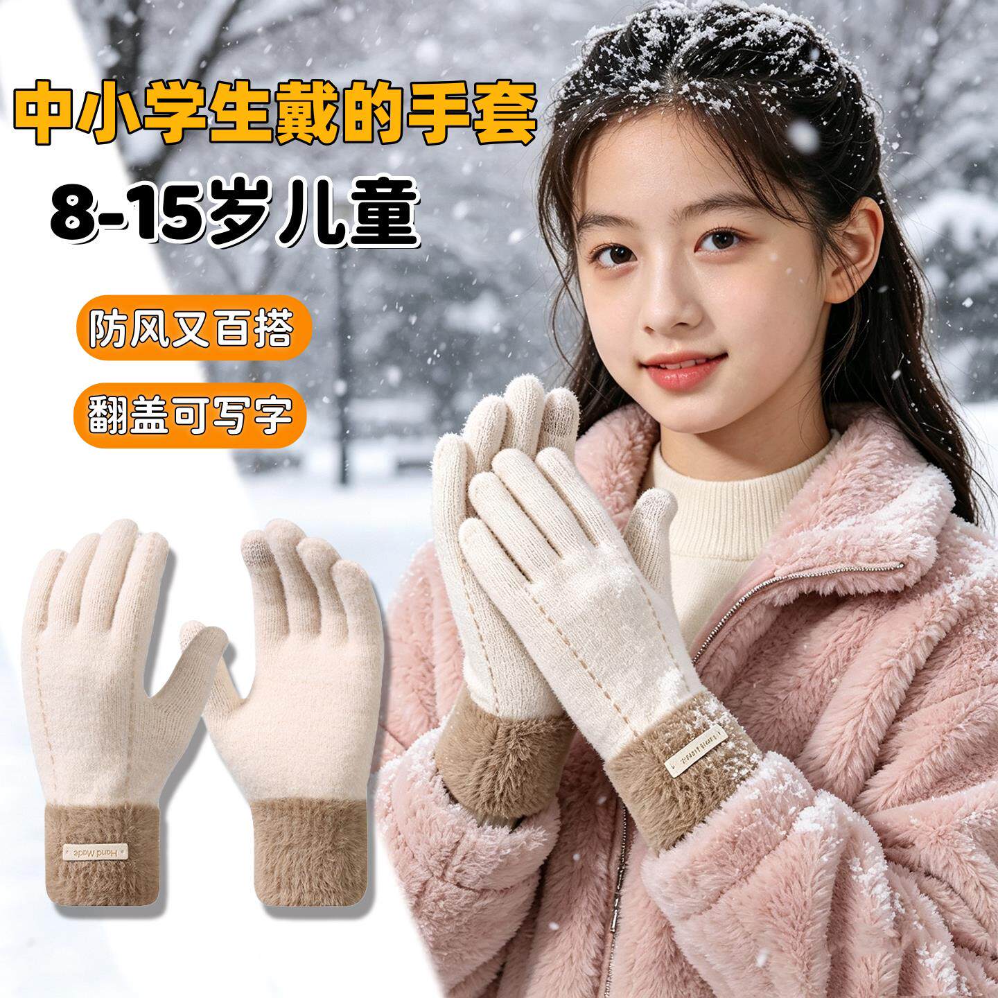 儿童毛线针织手套女孩秋冬季保暖骑行分指手套可触屏百搭防寒手套