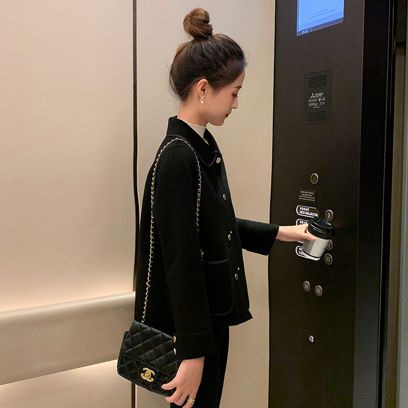 小个子高端双面羊绒呢大衣短款黑色2025新款女装春秋翻领毛呢外套