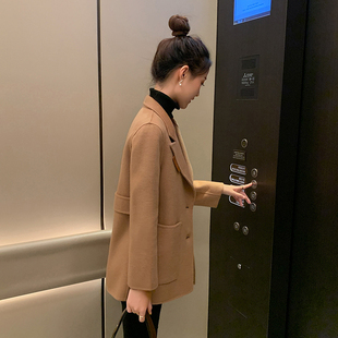 驼色双面羊绒大衣女短款2025春秋新款拼接时尚毛呢西装外套小个子