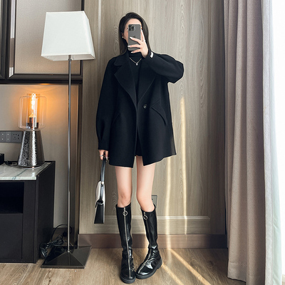 黑色纯手工双面羊绒大衣女中长款