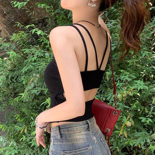 SL多巴胺双肩带夏季外穿美背带女海边胸垫吊带背心蓝色穿一体搭上