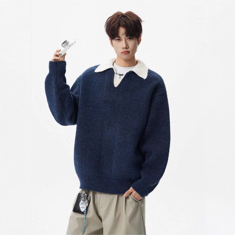 短反冬季针织衫男生olo风领撞色