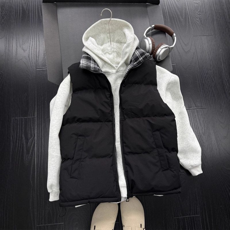 短反立领美式格子秋冬加棉棉服