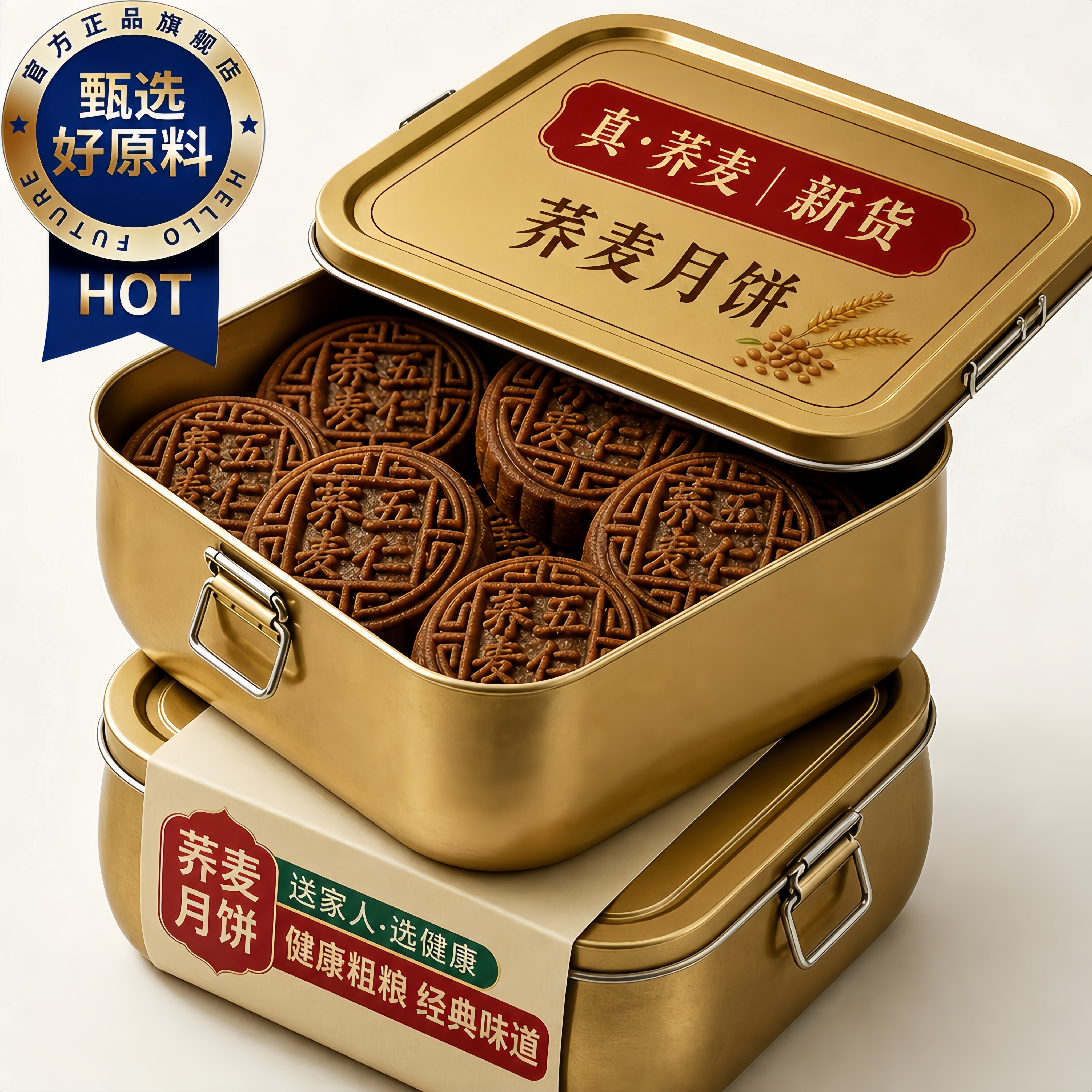 荞麦月饼无蔗糖老式五仁月饼粗粮黑芝麻馅零食广式传统木糖醇糕点