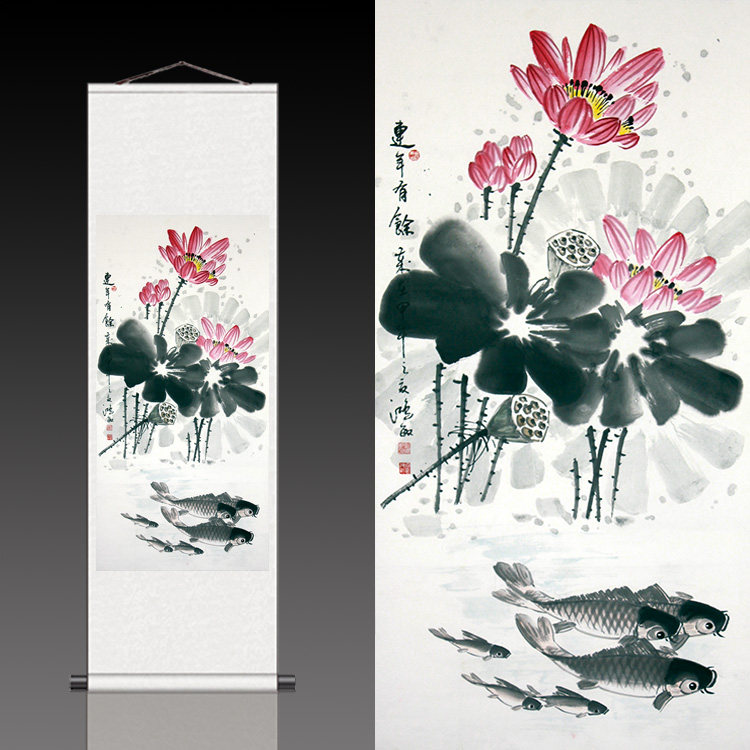 好运礼品连年有余国画丝绸画卷轴画水墨莲花六鱼图六六大顺风水画