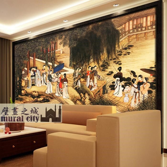 中式宫女仕女古代壁纸壁画女人墙纸古装美女古典游春图明清背景墙