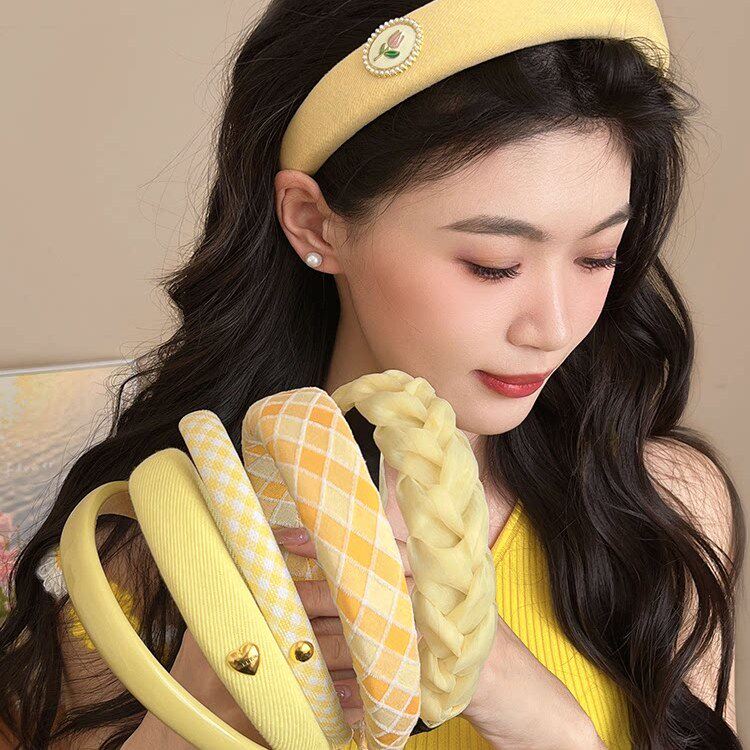 韩式显白黄色系格纹发箍女款日常外戴头饰洗脸发卡简约压发捆发饰