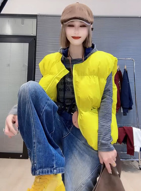 欧货2024秋冬新款百搭圆领拉链口袋肯豆风糖果色棉服马甲上衣女潮