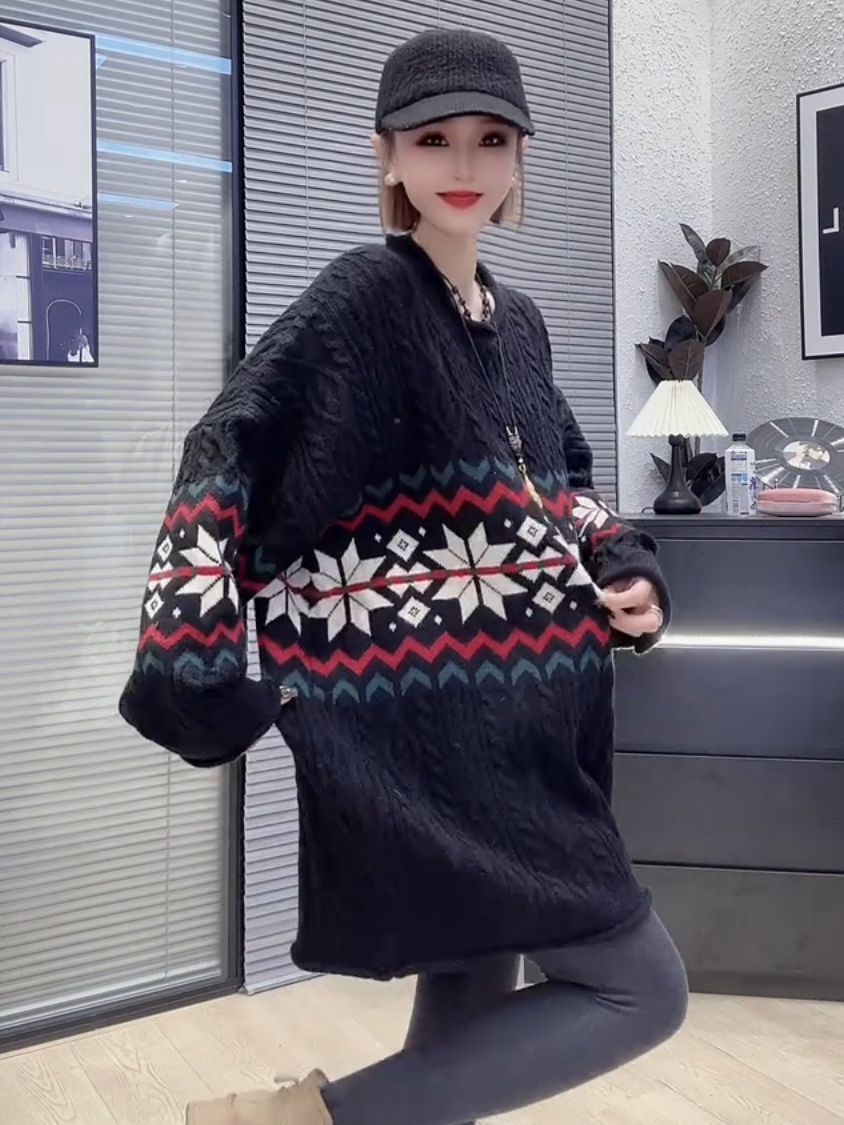 欧货2025秋冬新款百搭圆领套头麻花复古宽松提花针织衫毛衣上衣女