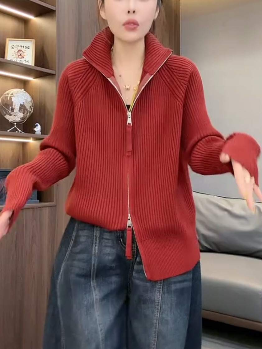 欧货2025秋冬新款显瘦百搭流苏双向拉链高领针织开衫上衣外套女