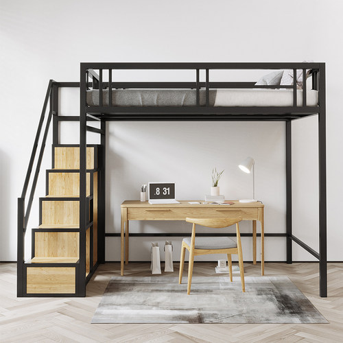新款高架床省空间阁楼床小户型铁艺床复式二楼上床下桌公寓双人床