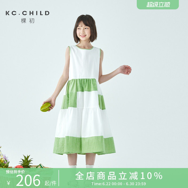 棵初26年夏季新款亲子中大女童格纹拼接连衣裙亲肤宽松撞色裙子