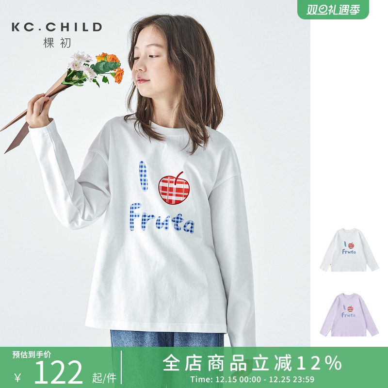 棵初2025秋冬款亲子中大女童纯棉长袖T恤格纹印花宽松百搭上衣