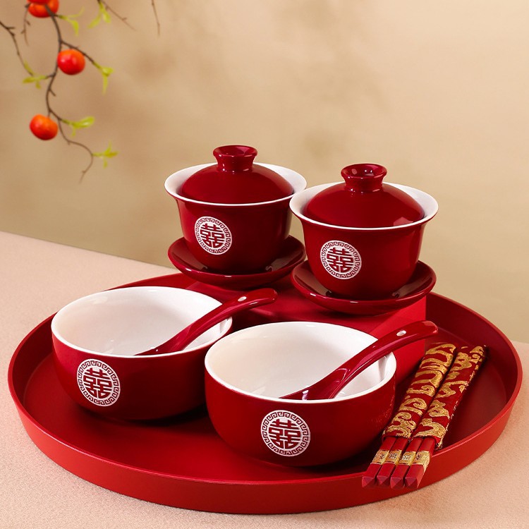 敬茶杯茶杯子碗筷一对创意婚庆改口陪嫁套装结婚敬酒婚礼对碗喜碗