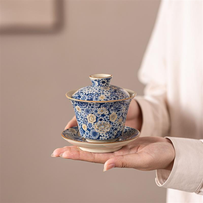 汝窑功夫茶杯带盖茶具泡茶盖碗陶瓷青花三才盖碗茶碗家用悬停