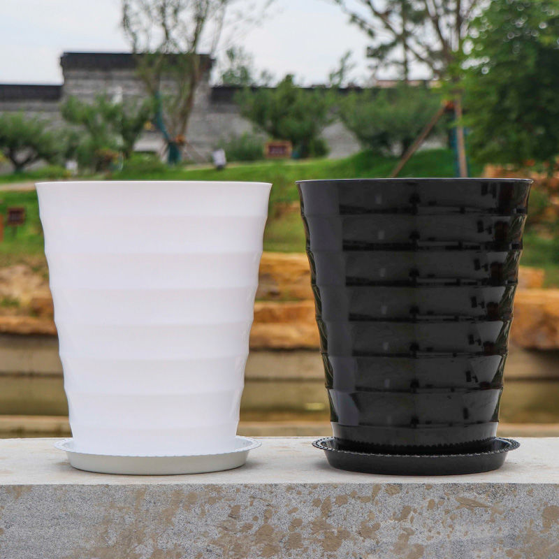 花盆大号大螺纹加厚白色黑色瓷送托盘盆景植物大型塑料盆