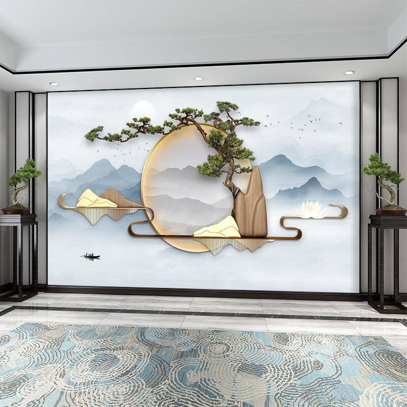 新中式山水风景电视背景墙壁画装饰自粘3d钉制客厅卧室墙布墙壁纸