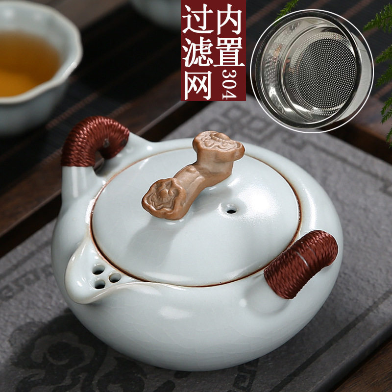 06YM汝窑茶壶过滤网开片如意手抓壶功夫茶具陶瓷单壶小号一壶两杯
