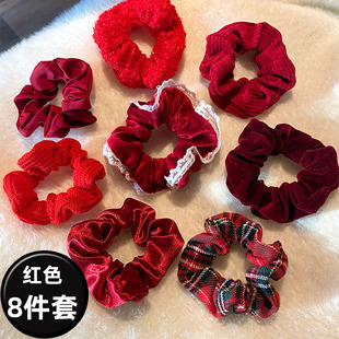新年红色系毛绒大肠发圈扎头发皮筋圣诞节日喜庆丸子头绳气质发绳