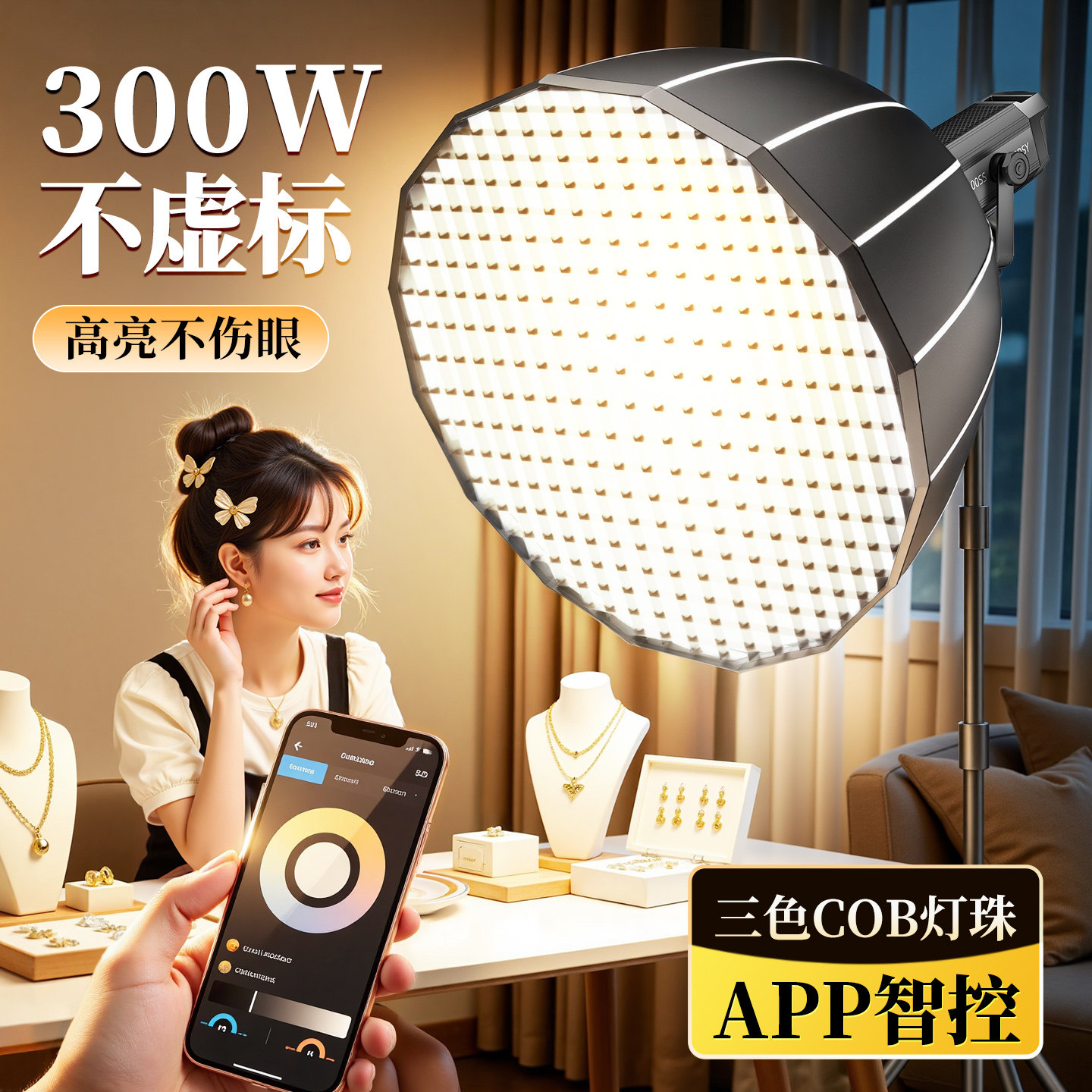 300W专业高亮COB直播补光灯室内人像发丝聚光影室灯主播专用直播间美颜常亮灯服装拍照视频深抛柔光箱摄影灯