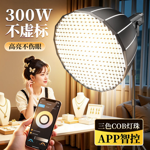 300W专业高亮COB直播补光灯室内人像发丝聚光影室灯主播专用直播间美颜常亮灯服装拍照视频深抛柔光箱摄影灯