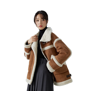 RARN热爱如你撞色仿皮毛一体夹克女2025冬装加绒加厚短款流行上衣