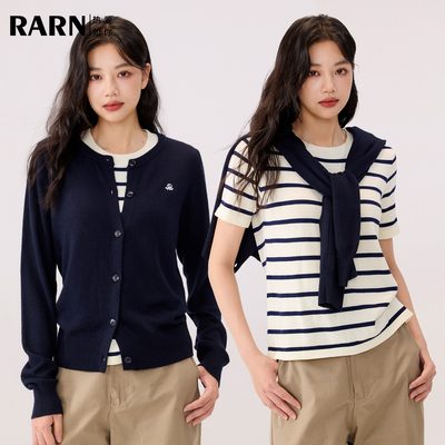 RARN2025秋装新款条纹短袖针织衫长袖开衫两件套圆领修身毛衣外套