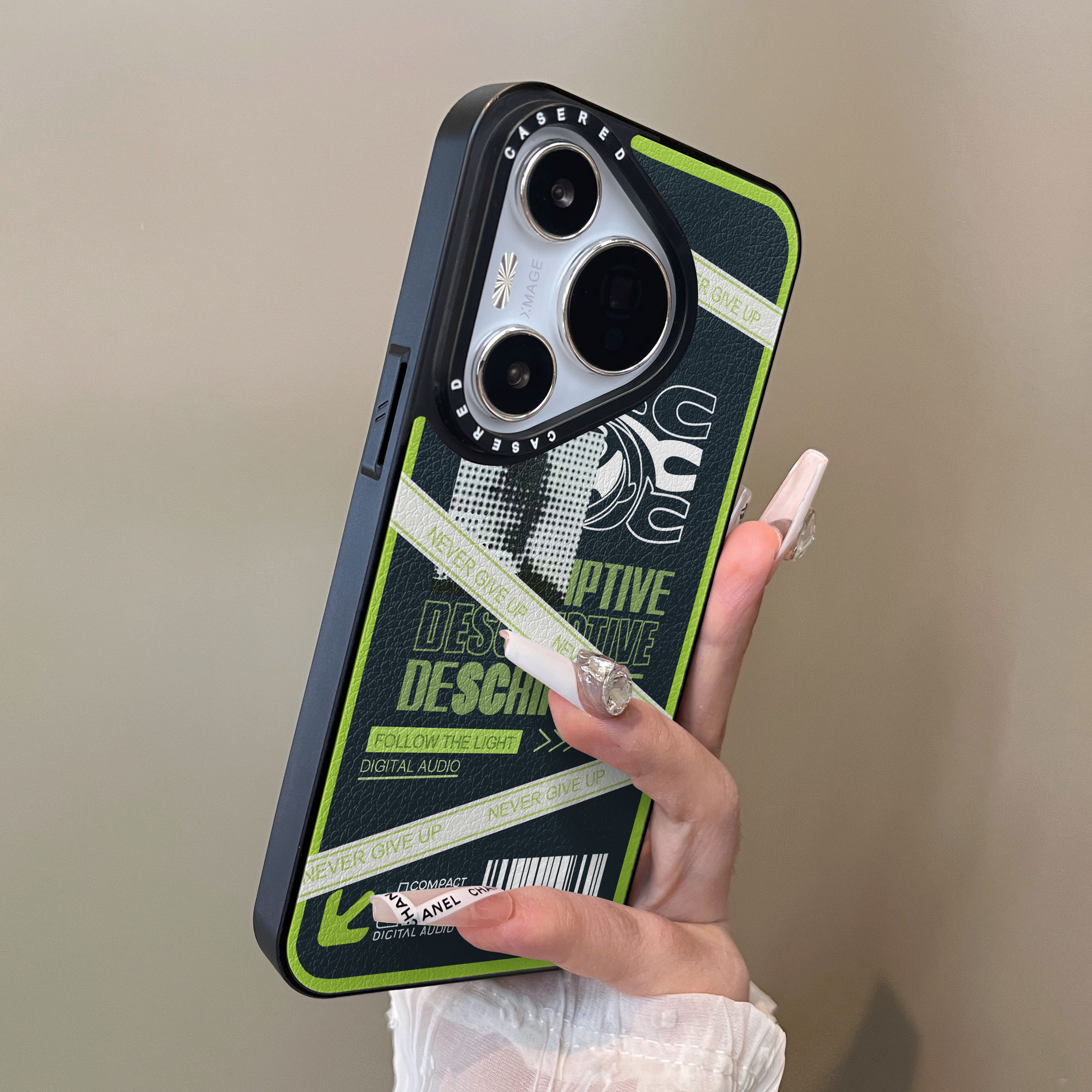 适用于华为pura80pro+手机壳条纹绿英文箭头p80plus十刀锋小羊皮支架p60简约p40新款50e套防摔男女生p70ultra