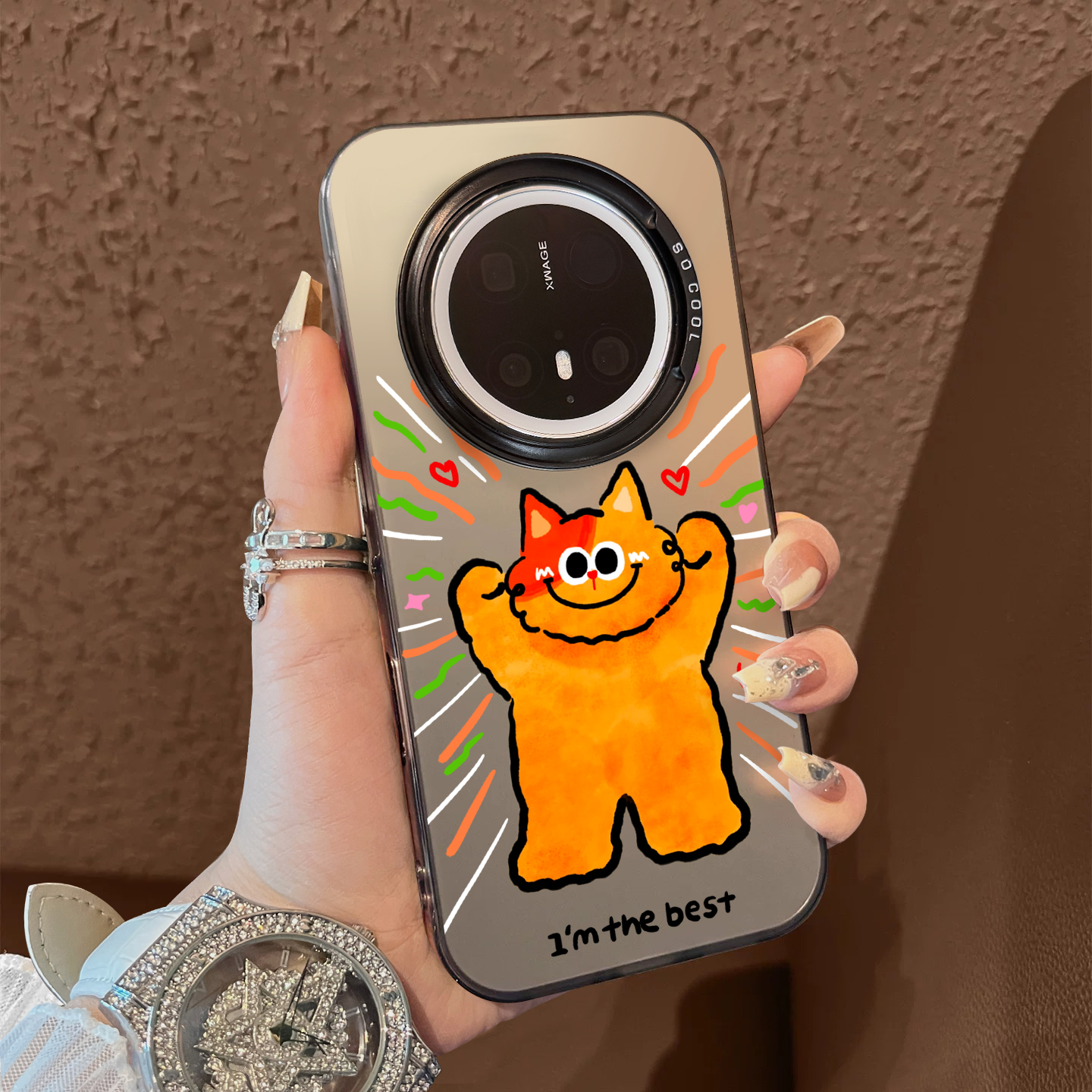 适用于realme真我GT6手机壳发光橙猫支架彩银新品5Pro男女款全包12proplus防摔高级感保护套简约真我11+