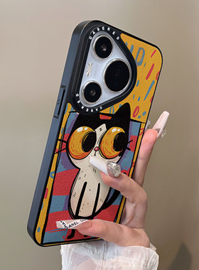 适用于华为pura80pro+手机壳插画大眼猫咪p80plus十刀锋小羊皮支架p60简约p40新款p50e套防摔男女生p70ultra