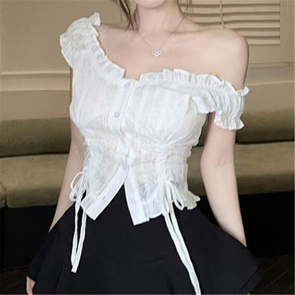 辣妹风设计感别致T恤女夏季白色短袖一字肩两穿抽绳收腰性感上衣