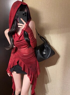 废土风红色连帽背心带袖网纱t恤套装女2025夏季荷叶边不规则上衣