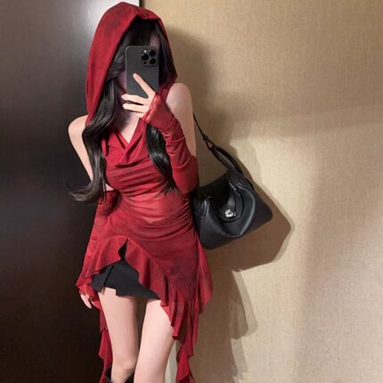 废土风红色连帽背心带袖网纱t恤套装女2025夏季荷叶边不规则上衣