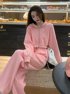 卫衣阔腿裤 洋气减龄小个子显高开衫 两件套 女时尚 粉色休闲运动套装