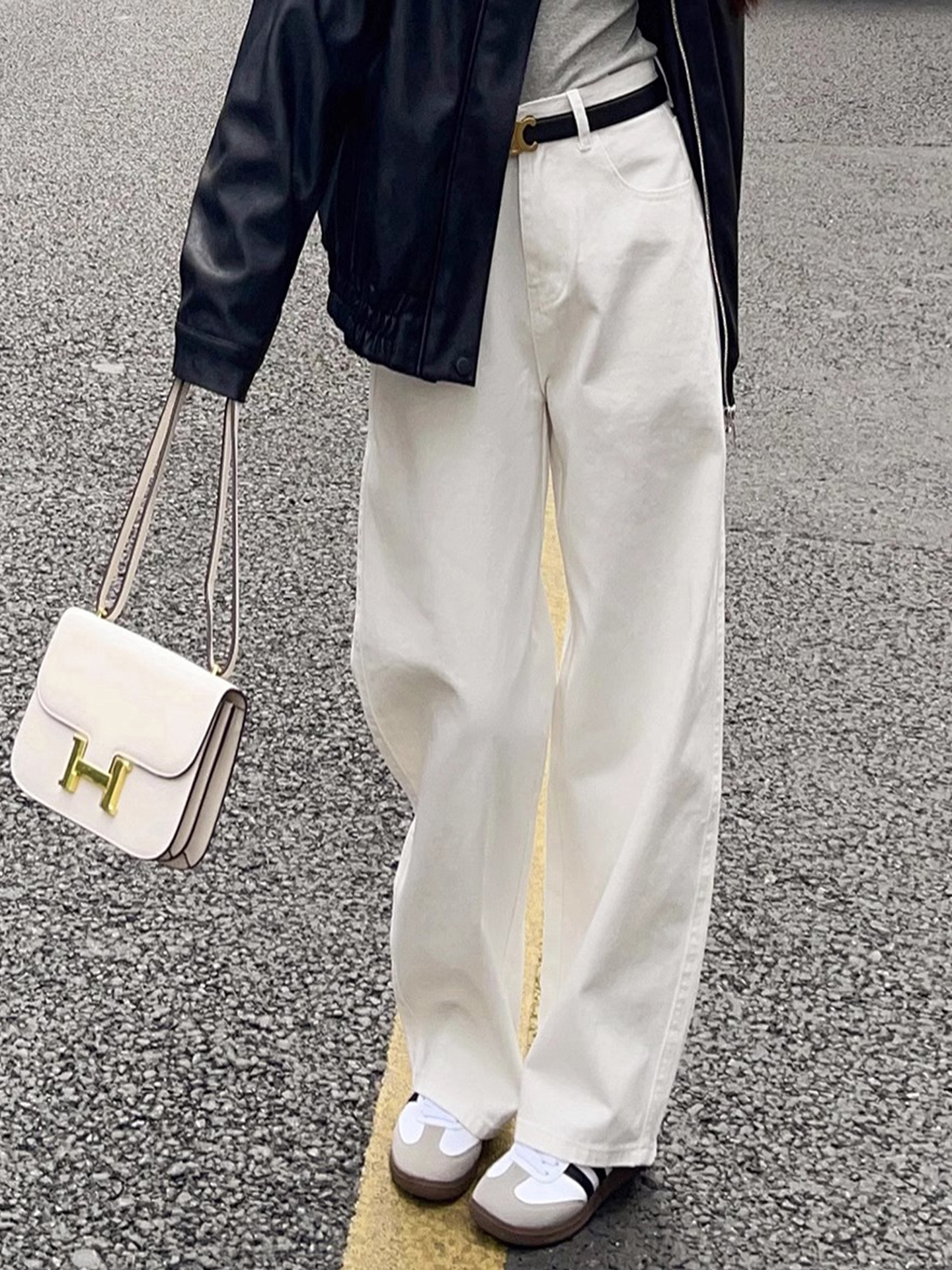 白色高腰窄版阔腿牛仔裤女款2025新款秋季小个子宽松垂感直筒裤子