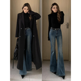 美式复古蓝色加绒微喇牛仔裤女2025新款小个子秋冬加厚喇叭马蹄裤