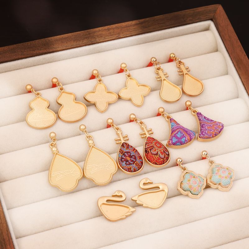 宋锦耳饰手工diy螺钿点翠蓝染刺绣新中式底托包布复古耳环耳钉坠