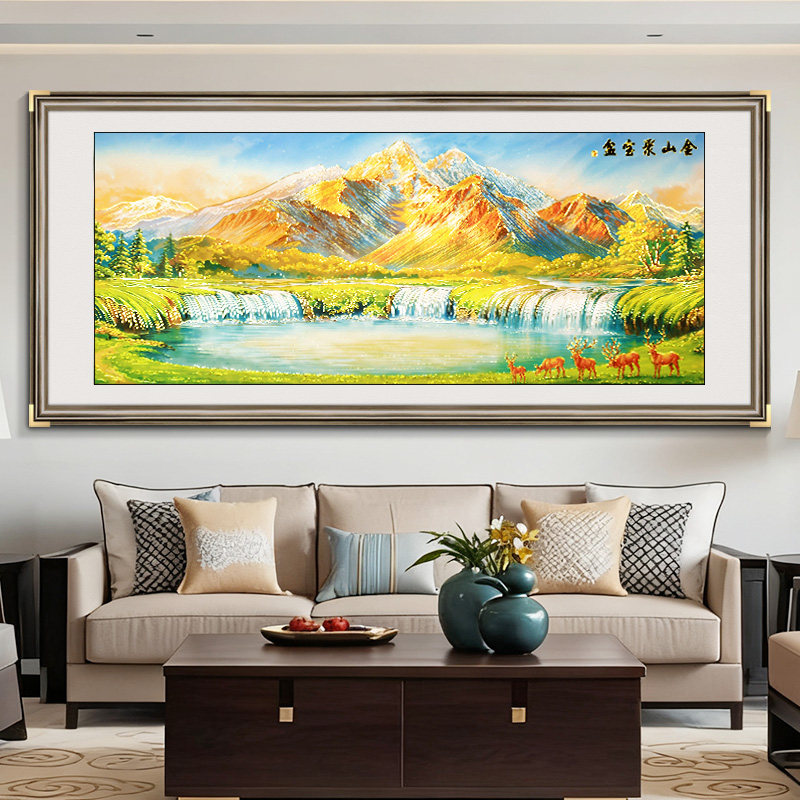 聚宝盆山水画客厅装饰画沙发背景墙挂画金山办公室茶室浮雕描金画