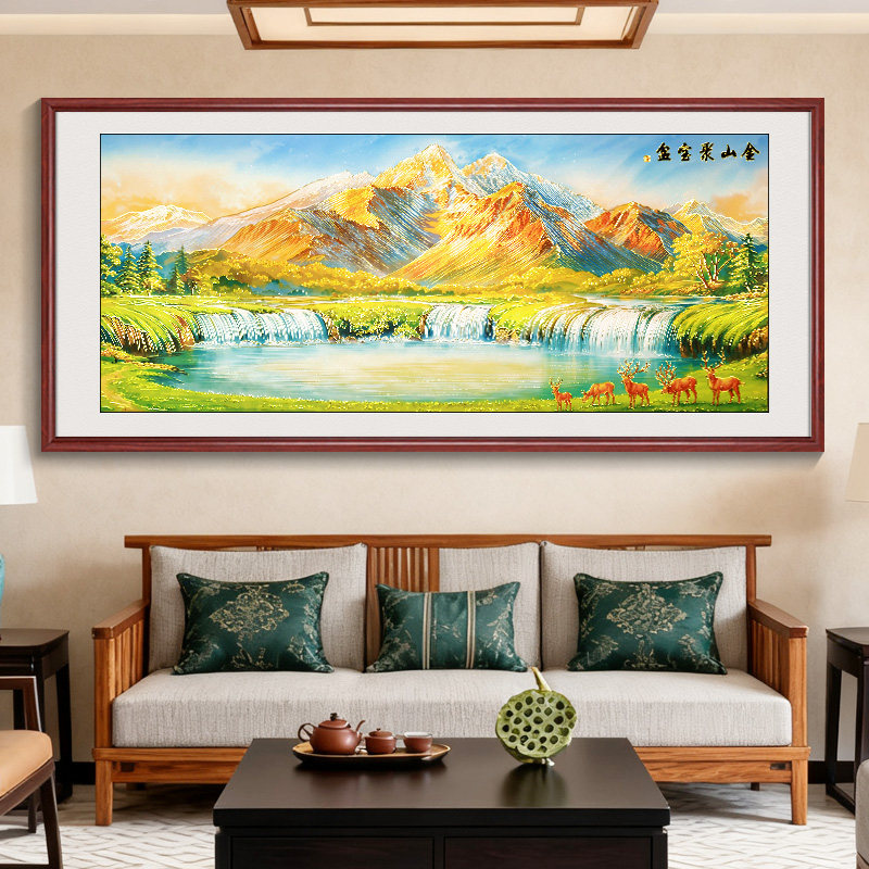 聚宝盆山水画客厅装饰画沙发背景墙挂画金山办公室茶室浮雕描金画