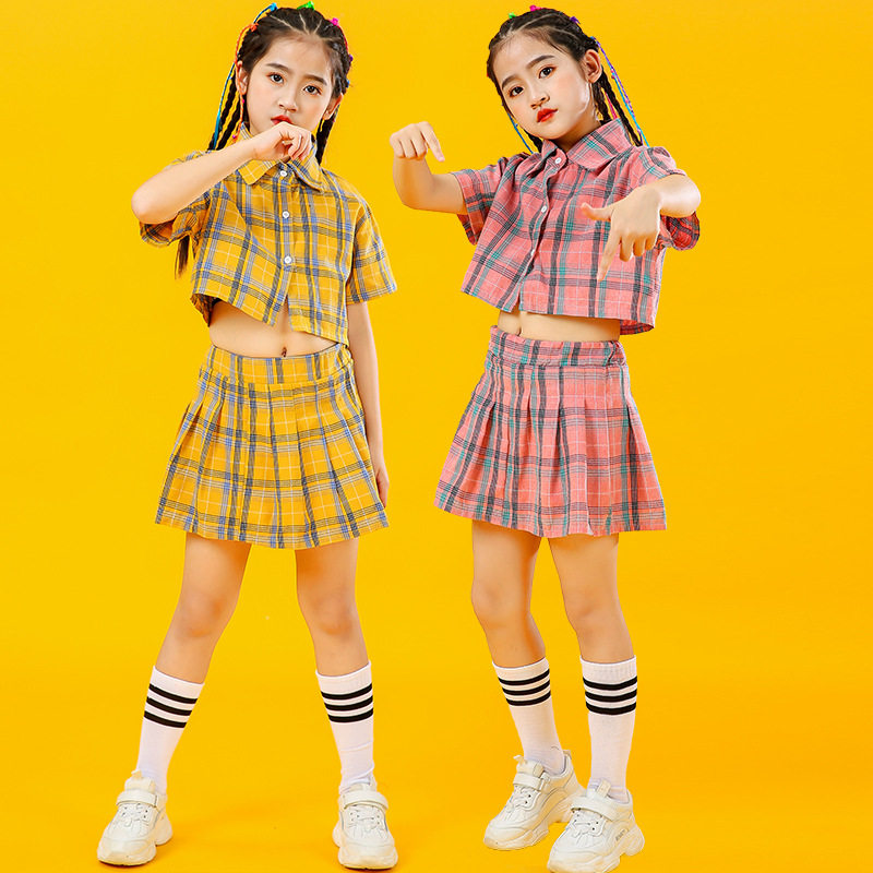 儿童爵士舞服装女童嘻哈格子套装短裙童装六一演出服装潮牌夏季潮